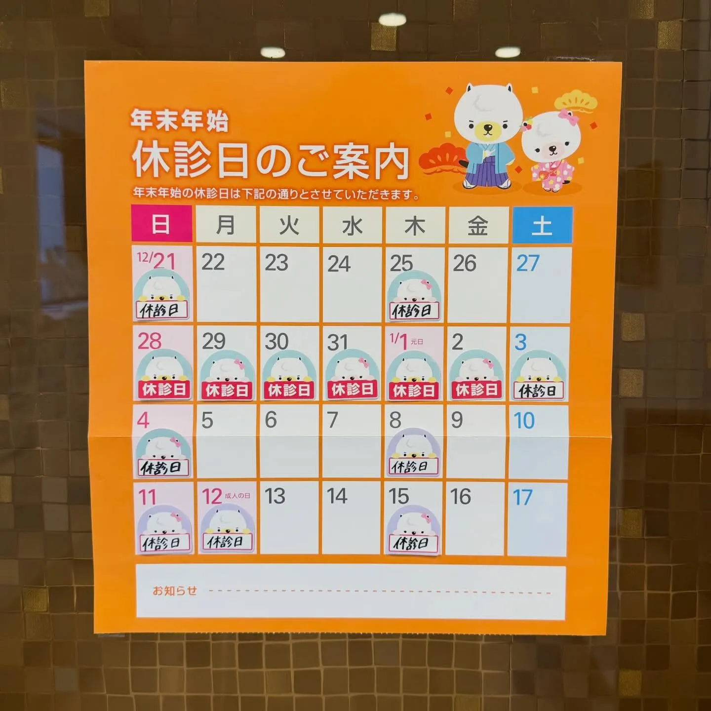 年末年始の休診日のご案内になります💥🐵
